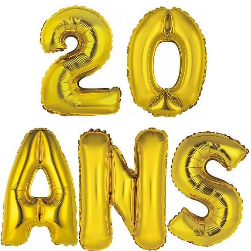 1 Kit de 5 Ballons aluminiums anniversaire 20ans or