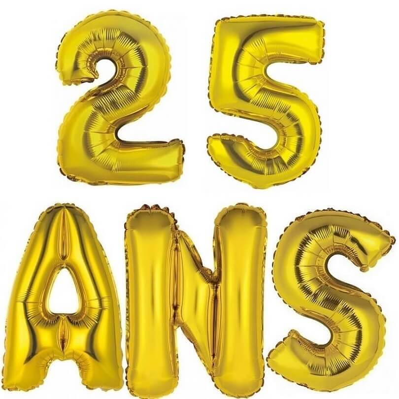 1 Kit de 5 Ballons aluminiums anniversaire 25ans or