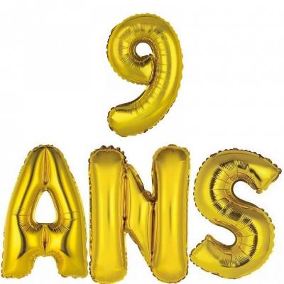 Ballon aluminium anniversaire or 9ans.