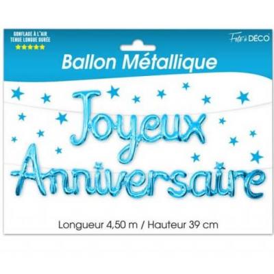Ballon joyeux anniversaire metallique bleu en aluminium