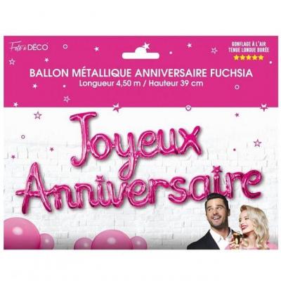 Ballon joyeux anniversaire metallique fuchsia en aluminium