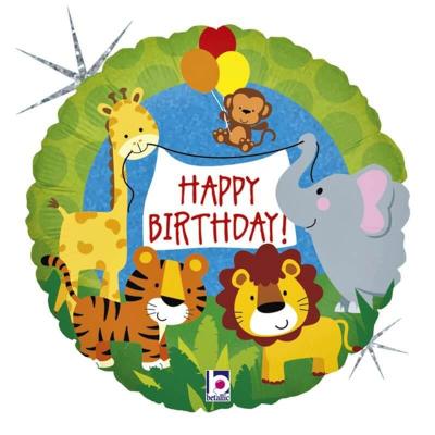 Ballon aluminium joyeux anniversaire avec animaux de la jungle