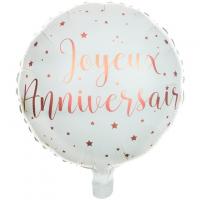 Ballon aluminium joyeux anniversaire blanc et rose gold