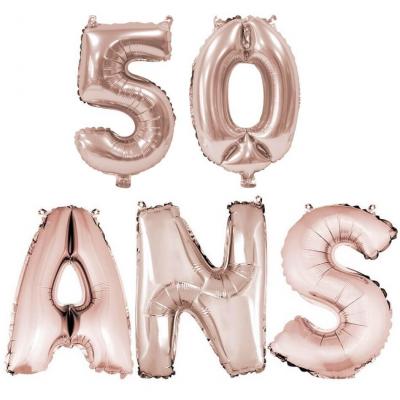 Ballon anniversaire rose gold métallique 50 ans aluminium.