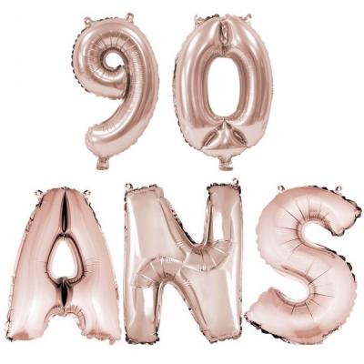 Ballon anniversaire rose gold métallique 90 ans aluminium.