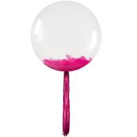 Ballon bulle transparent plumes et franges rose fuchsia