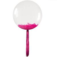 Ballon bulle transparent plumes et franges rose fuchsia