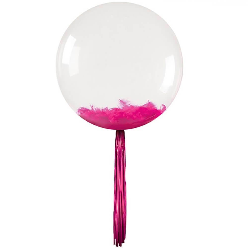 Ballon bulle transparent plumes et franges rose fuchsia