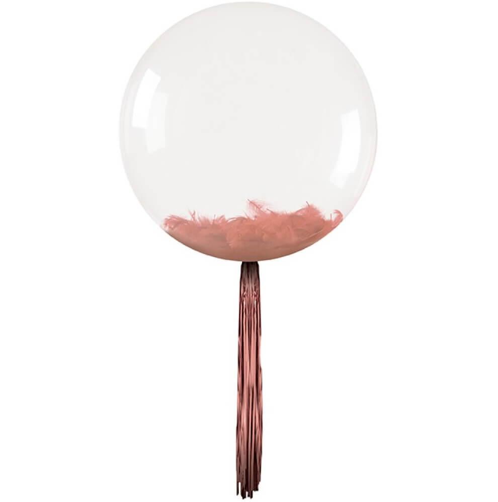 Ballon bulle transparent plumes et franges rose gold