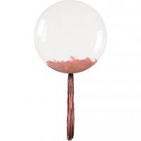 Ballon bulle transparent plumes et franges rose gold