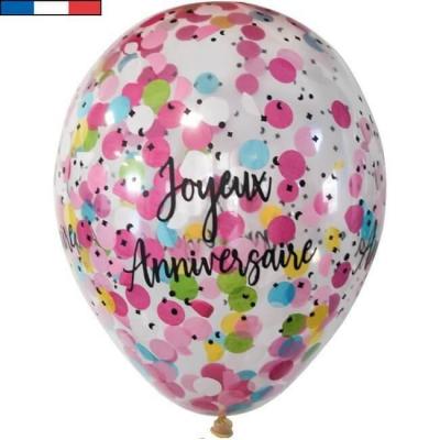 Ballon latex transparent avec confettis multicolore Joyeux Anniversaire (x6) REF/51483