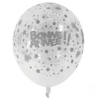 Ballon en latex transparent et argent Bonne Année de 30cm (x6) REF/BAL238