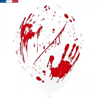Ballon blanc fête d'Halloween main sanglante rouge de 30cm (x8) REF/45192 Fabriqué en France