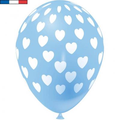 Ballon français bleu pâle en latex et coeurs 30cm (x8) REF/49145