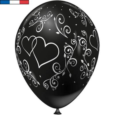 Ballon français mariage noir avec arabesques et coeurs (x8) REF/43754