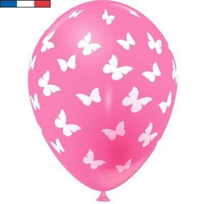 Ballon français rose bonbon en latex et papillons 30cm (x8) REF/49176