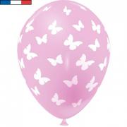 Ballon français rose en latex et papillons 30cm (x8) REF/49176