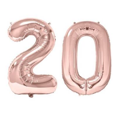 1 Pack de 2 Ballons 86cm chiffre 20 en rose gold pour fête anniversaire.