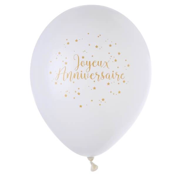 Ballon joyeux anniveraire blanc et or
