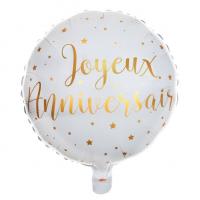 Ballon joyeux anniversaire aluminium blanc et or