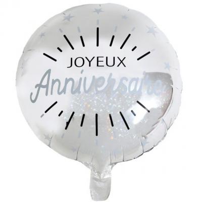 Ballon joyeux anniversaire argent métallique en aluminium 35cm (x1) REF/6650