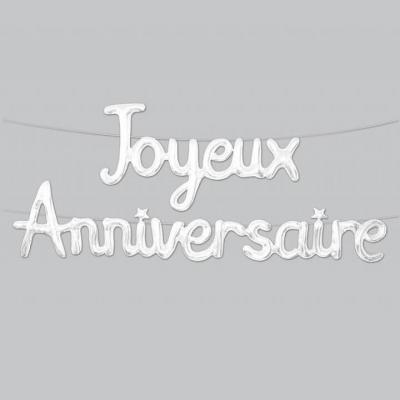 Ballon joyeux anniversaire metallique blanc en aluminium