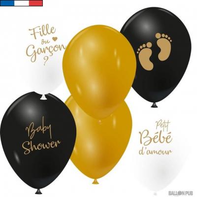 Ballon Baby Shower Fille ou Garçon en latex noir, doré et blanc de 30cm (x6) REF/45840