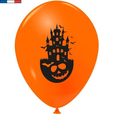 Ballon fête d'Halloween orange avec maison hantée noir et citrouille 25cm (x10) REF/41354 Fabriqué en France