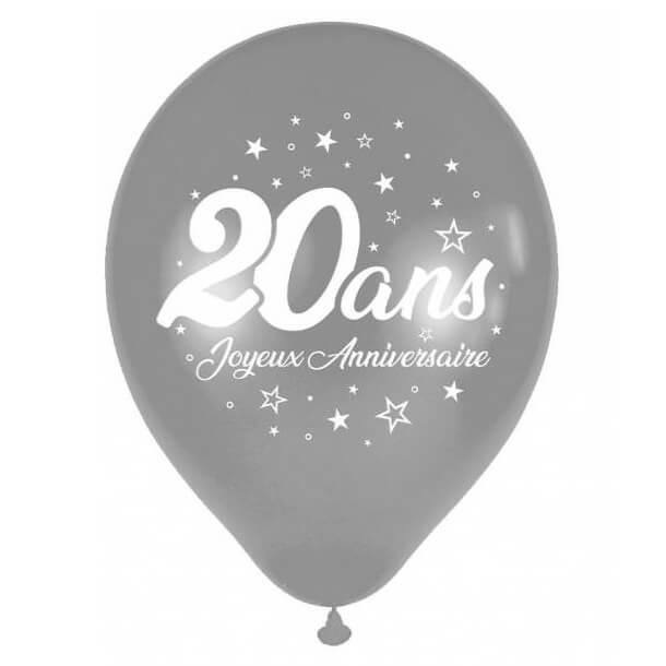 Ballon latex joyeux anniversaire 20 ans argent metallique