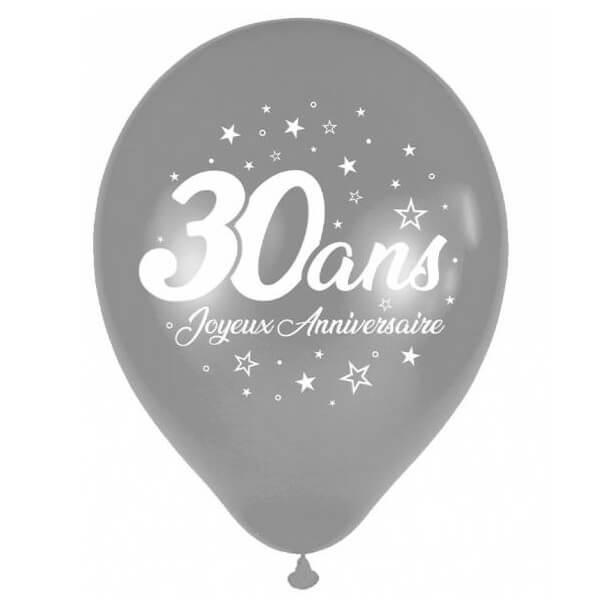 Ballon latex joyeux anniversaire 30 ans argent metallique