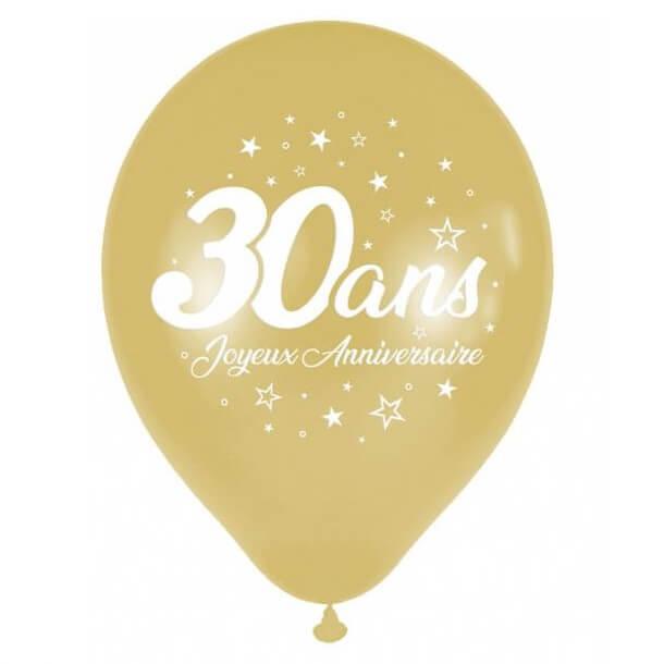Ballon latex joyeux anniversaire 30 ans dore or metallique