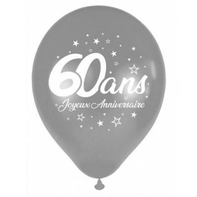 Ballon 60 ans argent métallique en latex de 30 cm (x6) REF/BAL00A06