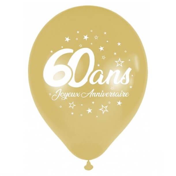 Ballon latex joyeux anniversaire 60 ans dore or metallique