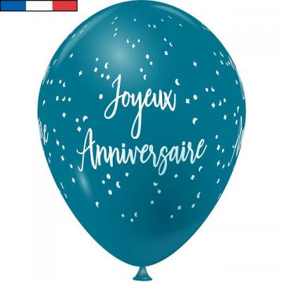 Ballon latex joyeux anniversaire bleu turquoise et blanc de fabrication francaise