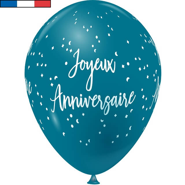 Ballon latex joyeux anniversaire bleu turquoise et blanc de fabrication francaise