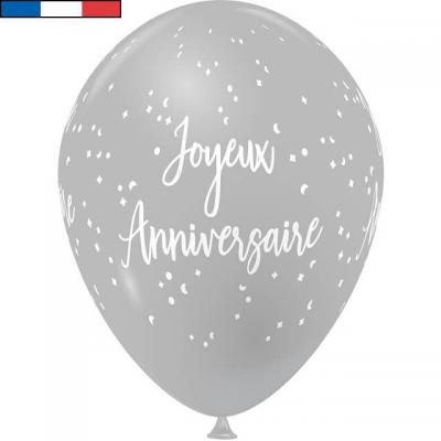 Ballon latex joyeux anniversaire gris et blanc de fabrication francaise
