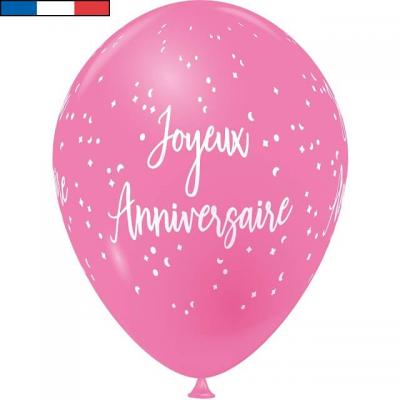Ballon latex joyeux anniversaire rose bonbon et blanc de fabrication francaise