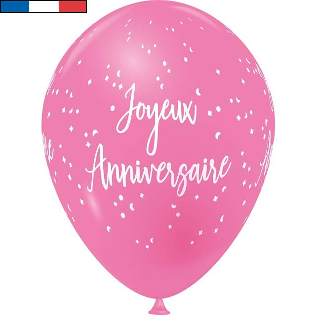 Ballon latex joyeux anniversaire rose bonbon et blanc de fabrication francaise