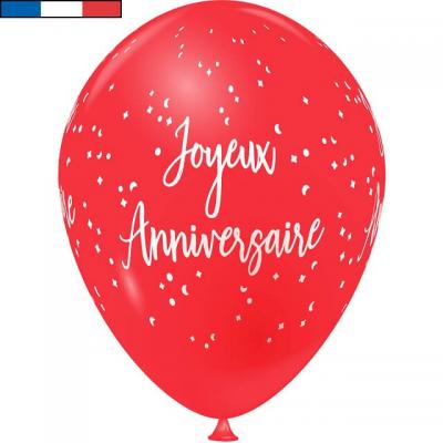 Ballon latex joyeux anniversaire rouge et blanc de fabrication francaise