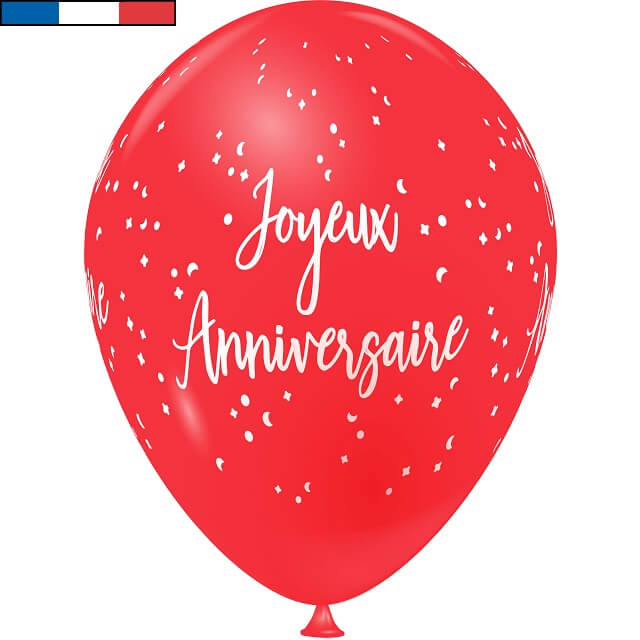 Ballon latex joyeux anniversaire rouge et blanc de fabrication francaise