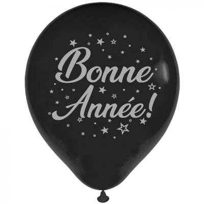 6 Ballons du Nouvel An noir et argent en latex de 30 cm avec motif bonne année et étoiles REF/BAL99NATG