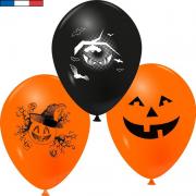 Ballon Halloween orange et noir avec citrouille et chauve-souris 25cm (x6) REF/10275 Fabriqué en France