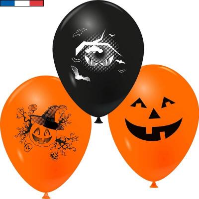 Ballon Halloween orange et noir avec citrouille et chauve-souris 25cm (x6) REF/10275 Fabriqué en France