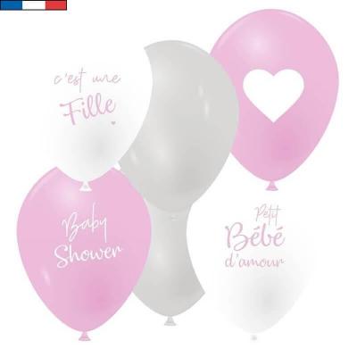 Ballon latex Baby Shower fille rose, blanc et argent métallique 30 cm (x6) REF/45833