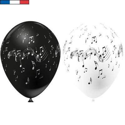 Ballon français musique blanc et noir en latex 30cm (x8) REF/0504