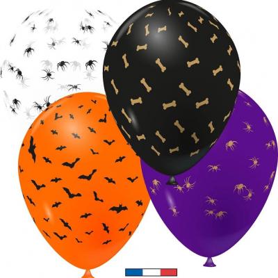 Ballon latex fête Halloween multicolore avec motif épouvantables 30 cm (x8) REF/11913 Fabriqué en France