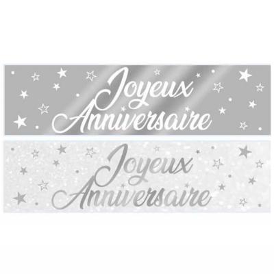 2 Bannières Joyeux Anniversaire blanche et argentée métallique (x1) REF/BANM00