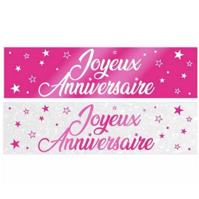 2 Bannières Joyeux Anniversaire blanche et rose fuchsia métallique (x1) REF/BANM00