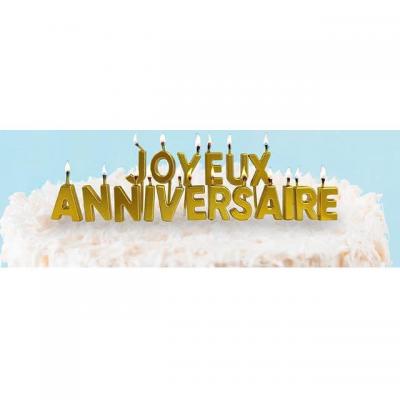 Bougie métallisée Joyeux Anniversaire 18 lettres en doré or sur pique REF/BJAMOR