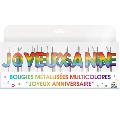 Bougie métallisée Joyeux Anniversaire 18 lettres en multicolore sur pique REF/BJAMM
